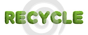 The word RECYCLE written in a green grass texture isolated on a white background