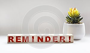 The word REMINDER written on a wooden block and on a white background with a cactus flower for your design, concept
