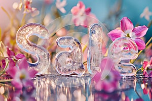 The word SALE made of ice with spring flowers around. Frozen ice cubes forming sign Sale, discount symbol. Spring sale card for