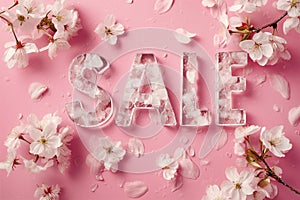 The word SALE made of ice with spring flowers around. Frozen ice cubes forming sign Sale, discount symbol. Spring sale card for