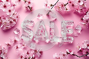 The word SALE made of ice with spring flowers around. Frozen ice cubes forming sign Sale, discount symbol. Spring sale card for