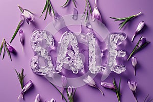 The word SALE made of ice with spring flowers around. Frozen ice cubes forming sign Sale, discount symbol. Spring sale card for