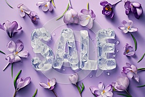 The word SALE made of ice with spring flowers around. Frozen ice cubes forming sign Sale, discount symbol. Spring sale card for