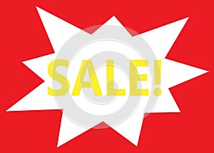 The word SALE in yellow within a white multi pointed star against an all bright red background