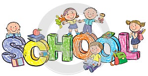 Word school and funny children