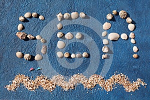 Word sea made of seashells, decorative sea wave, golden sand, two jumping dolphins on blue background top view close up