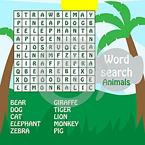 Word search game. animals