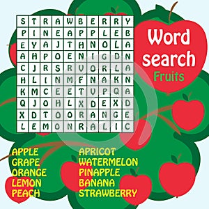 Word search game. fruits photo