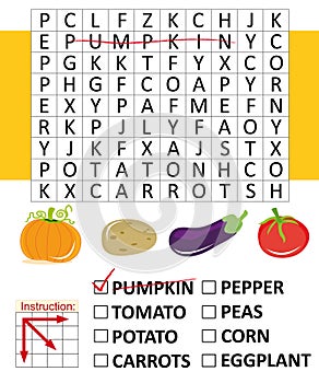 Word search game with vegetables