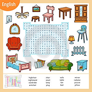 Word search puzzle. Cartoon set of furniture. Education game for children. Vector colour worksheet for learning English