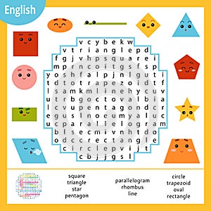 Word search puzzle. Cartoon set of geometric shapes. Education game for children. Vector colour worksheet for learning English