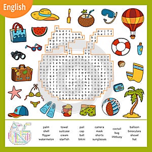 Word search puzzle. Cartoon set of summer and holidays objects. Vector colour worksheet for learning English