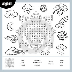Word search puzzle. Cartoon weather items. Education game for children