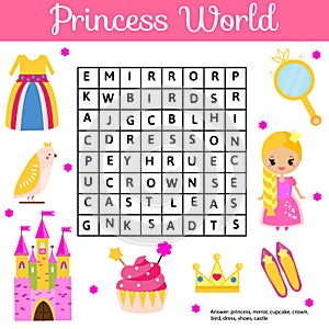 Word search puzzle kids activity. Educational children game for girls. Learning vocabulary. Princess world