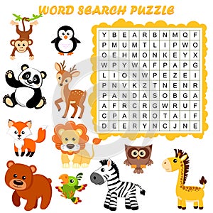 Word search puzzle. Vector education game for children. Animals