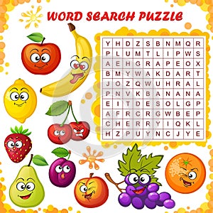 Word search puzzle. Vector education game for children. Cartoon fruits emoticons