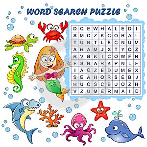 Word search puzzle. Vector education game for children. Sea animals