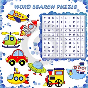 Word search puzzle. Vector education game for children. Transport