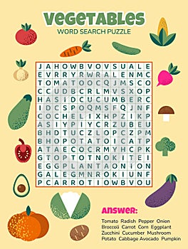 Word search puzzle with vegetables. Education task