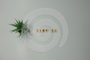 The word Send it written in wooden letter tiles on a white background