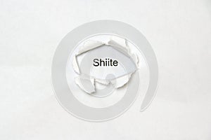 Word shiite on white isolated background through the wound hole in the paper. photo