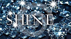 The word SHINE spelled out with glittering diamonds on black background