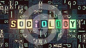 The word Sociology as neon glowing unique typeset symbols, luminous letters sociology photo