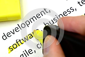 Word software underlnines among other words printed on white paper. projects methodology and development team workflow concept