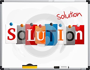 The word Solution made from newspaper letters attached to a whiteboard or noticeboard with magnets. Marker pen. Vector.