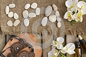 The word spa done with river pebbles. Background