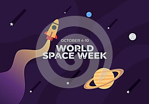 Word space week background with rocket and planets