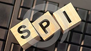 Word spi made with wood building blocks, stock image