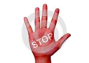 Word stop painted on the red colored handisolated red colored ha