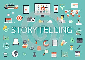 The word STORYTELLING with ling shadow surrounded by concerning flat icons. Vector illustration