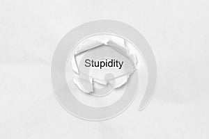 Word stupidity on white isolated background through the wound hole in the paper photo