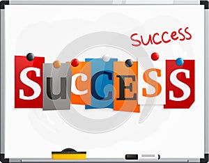 The word Success made from newspaper letters attached to a whiteboard or noticeboard with magnets. Marker pen. Vector.