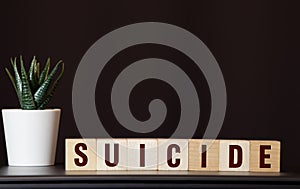 The word Suicide written in dirty vintage letterpress type on a aged wooden background