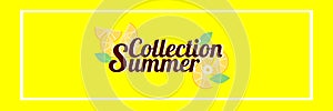 Word `Summer Collection` and summer drink with sliced lemons on bright yellow background. Vector illustration in summer concept