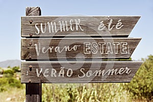 Word summer in different languages in a signpost