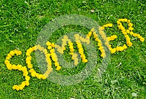 The word summer in German `Sommer` made of yellow dandelion flowers on green meadow