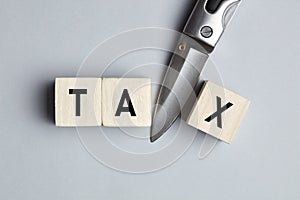 The word tax cut written on wooden cubes with a knife. Tax cut, reduction or deduction