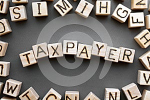 The word taxpayer wooden cubes with burnt letters