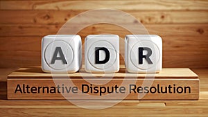 Word text Alternative Dispute Resolution - acronym ADR spelled out with white dice
