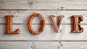 The word text LOVE is carved in wood