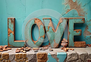 Word text LOVE surrounded by rocks on worn-out