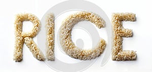 The word text RICE spelled out with raw rice