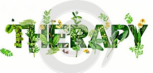 Word THERAPY created with medicinal herbs and flowers on white background. Concept of alternative medicine, green health