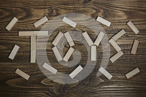 the word `toys` written on wooden table