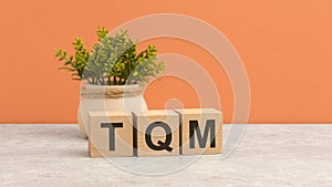 word TQM on wooden cubes. green flower on beautiful orange background. business concept. copy space.