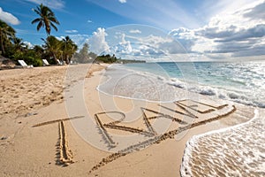 The word TRAVEL written in the sand of a sunny beach-generated by ai